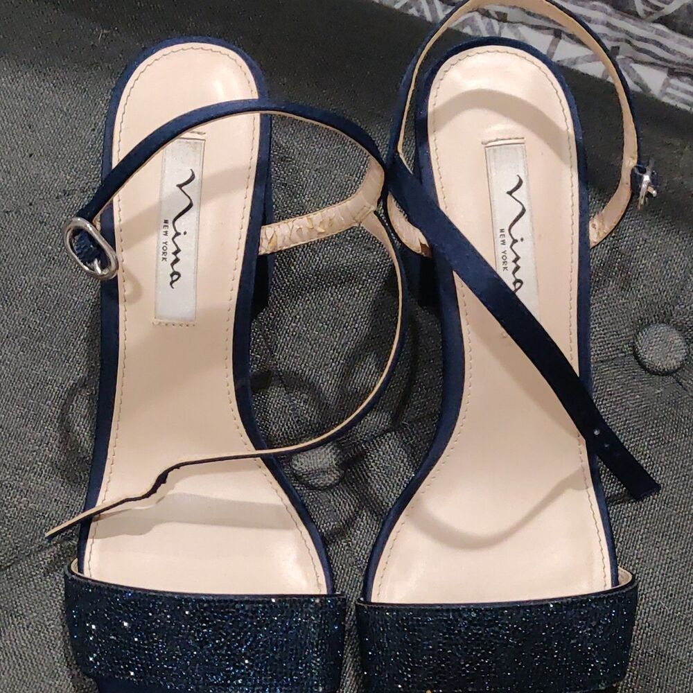 Nina Blue Glitter Strappy Open Toe Ankle Strap Block Heels Buckle US 9.5 M